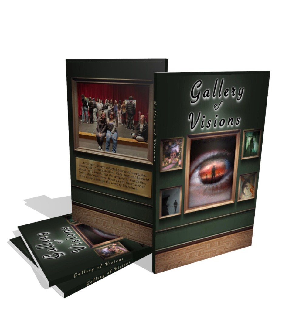 Both the front and back cover of this book were designed by Shyanne Hicks, one of my Creative Writing students.  The front portrays a center eye to portray vision.  The other portraits are the different genres represented in the collection.  On the back is our class pictures, set like a gallery.  